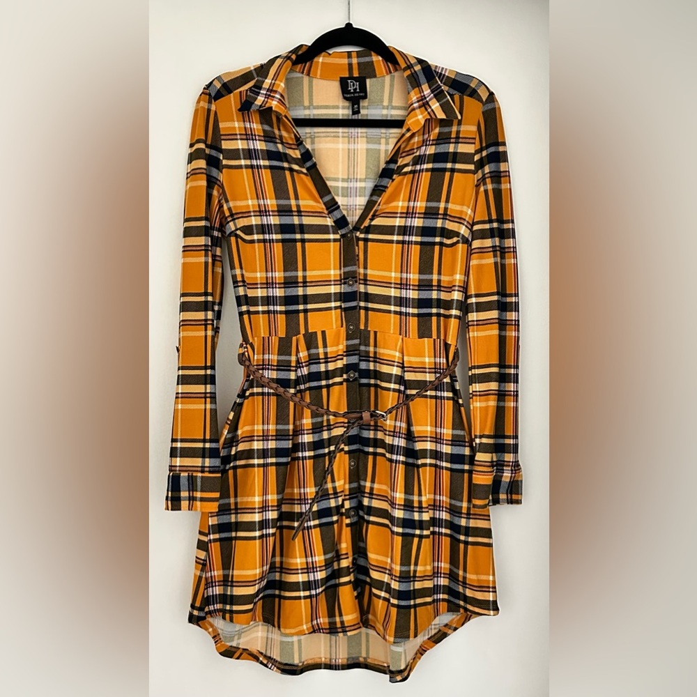 Derek Heart Plaid Button-Up Mini Dress with Belt Size Medium